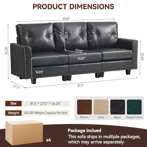 Image of 71 inch Faux Leather Modular Sectional 3 Seater Couch, Vintage PU Leather Sofa with Nailhead Trim, Mid Century Modern Tufted Couches for Living Room, Bedroom, Office, Reception, Black