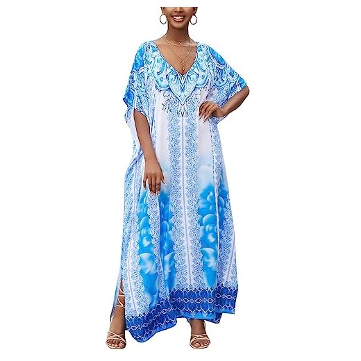 L-Peach Damen Sommer Baumwolle Blumenstickerei Langes Kleid Strandkleid Bikini Coverups One Size