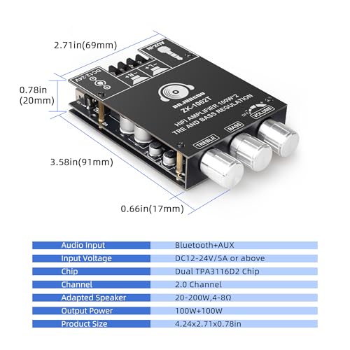 Image of ZK-1002T 200W Amplifier Board with Treble and Bass Control, DC 9-24V, BT and AUX Inputs, 2.0 Channel Stereo AMP Board for DIY Wireless Speakers with Antenna