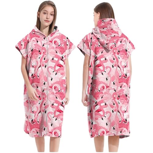 Treer Poncho de Surf Hombre Mujer Microfibra Poncho Toalla Adulto con Capucha y Cremallera Secado Rápido Transpirable Albornoz para Cambiarse Elegante 3D para Playa Natacion (Flamenco,75x110cm)