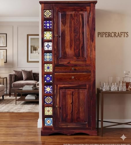Image of Sheesham Wood Bar Cabinet - Already Assembled - Rack for Hard and Soft Drinks - Solid Sheesham Wood Bar Cabinets for Living Room | Wine Wisky Scotch All Type Drinks - Natural Finish