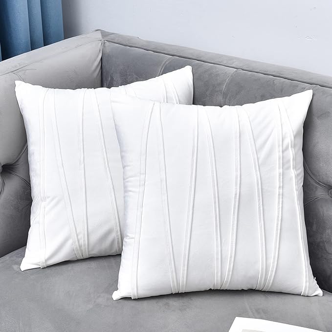 Amazon Brand - Umi Decorative Striped Throw Pillow Covers 24 X 24 Inch,Soft Solid Velvet Pillow Covers Cushion Case with Zigzag Pattern for Sofa Bedroom 60 X 60 Cm (Pack of 2) White
