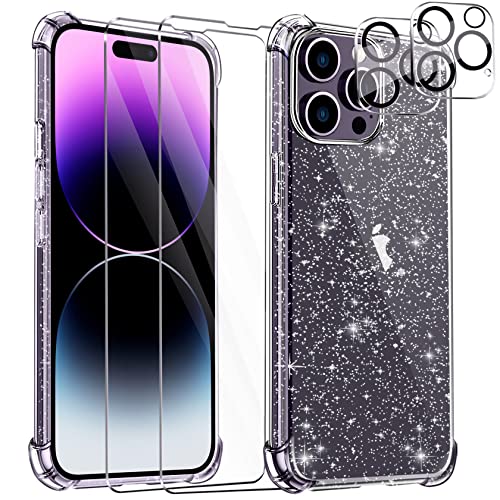 FLLAO Coque Paillette Compatible avec iPhone 14 Pro Coque Antichoc avec 2 pièces Verre Trempé, Transparent Glitter Étui iPhone 14 Pro Silicone [Coussin d'air Intégré] Antirayures Housse