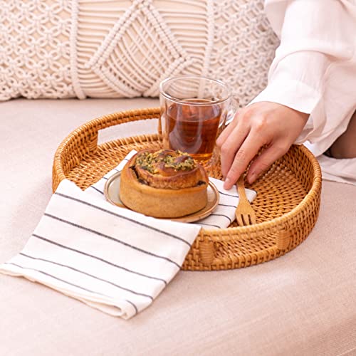 Rattan Round Serving Tray, Hand Woven Serving Basket With Cut - Out Handles, Wicker Fruit/Bread Serving Basket, 11.8 Inch #TOP2