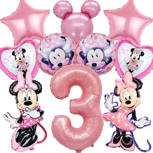MODEQQ 10 Pièces Decoration Anniversaire Minie Mous 3 Ans Fille, Minie Ballons Set de Décoration de Fête, Ballon en Aluminium de Anniversaire pour Enfants