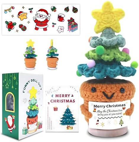 Handmade Christmas Positive Crochet Flower Doll, Emotional Support Plant with Inspirational Card, Cute Knitted Christmas Tree, Cheer Up Gift Encouragement Gift (May the Christmas Tree Bring You All)