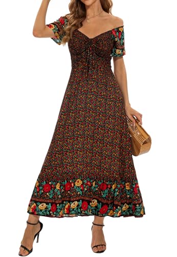 Image of Summer Smocked Boho Maxi Dress for Women 2026 Short Sleeve Floral Smocked Flowy Ruffled Beach Vacation Dresses Lightweight