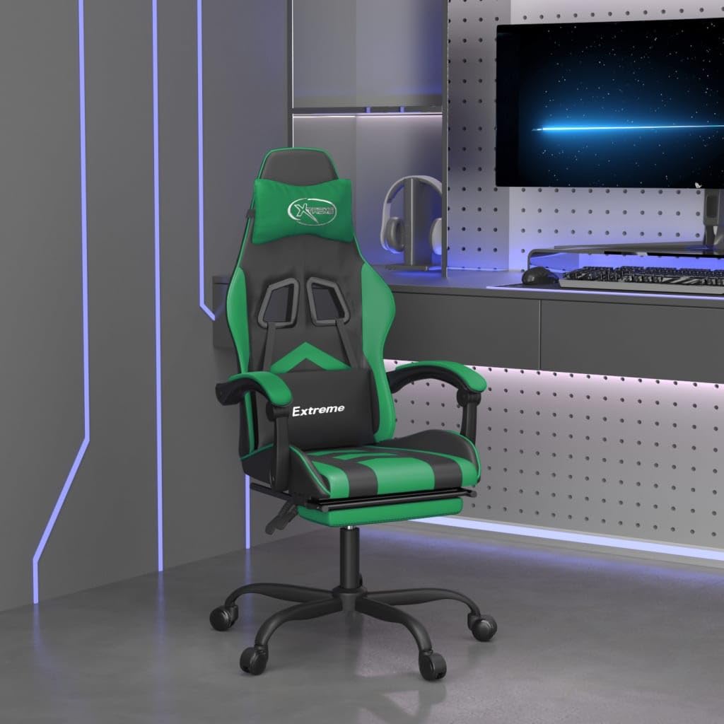 Chaise de jeu ergonomique pivotante en cuir synthétique noir et vert pour bureau