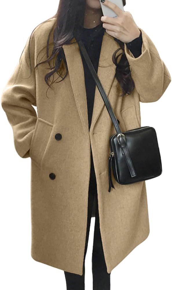 chouyatou Women's Casual Notch Lapel Double Breasted Warm Pea Coat Overcoat