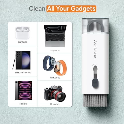 Image of Ambrane 7-in-1 Cleaning Kit | All-in-One Keyboard Cleaning Kit with Brush & Cleaner for Bluetooth, AirPods, Laptop, Tablet, Phone, iPad, Smartwatch, MacBook, Earbuds & PC Accessories (ACK-02 White)
