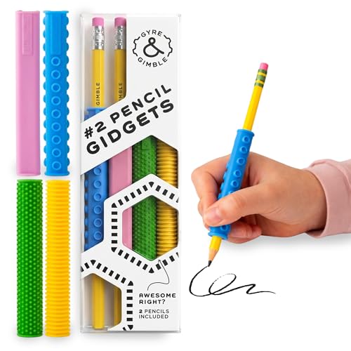 Gyre & Gimble Gidgets for #2 Pencils | Textured Silicone Pencil Sleeve for Quiet & Calm Fidgeting | 4 Sleeves & 2 Pencils | ADHD Sensory Tool for Kids & Adults