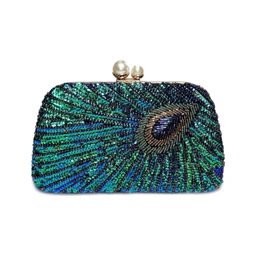 PENGZHI Bolso de mano vintage con lentejuelas y cuentas para mujer, diseño de pavo real de los años 20, bolso de noche de lujo para boda, Azul
