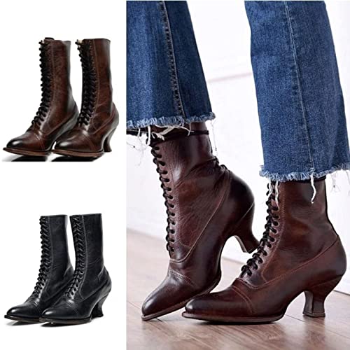 Women's Mid Calf Boots Lace up Combat Boot Halloween Pointed Toe Comfortable Kitten Heels Leather Cosplay Witch Booties Dressy Victorian Boots for Women Vintage Roman Gothic Bootie2