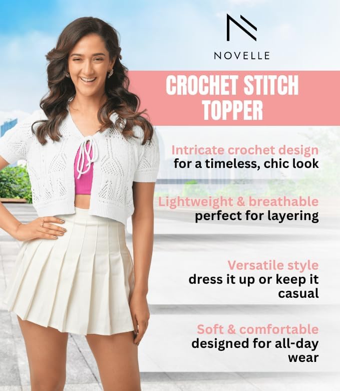 Women’s Crochet Cardigan Medium Size | light weight Short Sleeve Cardigan For Women | Beautiful White Color with Viscose & Nylon Fabric Blend | Front Bow Tie Closure For Casual Wear & More - Image 2