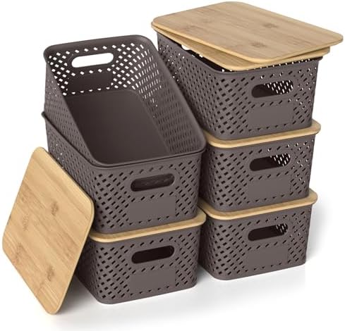 Plastic Storage Bins with Bamboo Lids, Stackable Small Box Baskets for Organizing and Containers for Shelves Drawers Desktop Closet Pantry Classroom Office Home, 6 Pack 10.2x7.2x4.1 Inch, Brown