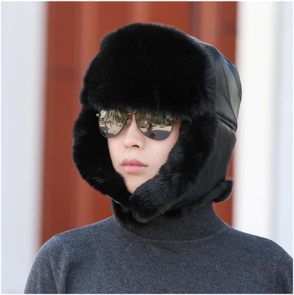 Cowhide and Faux Fur Bomber Aviator Hat for Men, Leather Trim Winter Autumn, Cosy Thermal Fleece Lined, Trapper Hat Ear Flap