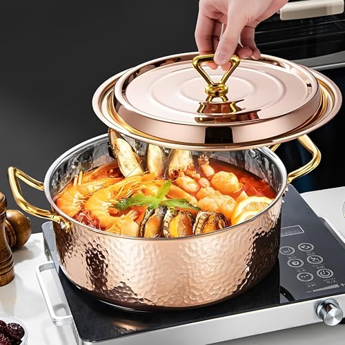 YJX 4.2QT Hammered Stock Pot with Lid, Copper Rose Gold, Tri-Ply Stainless Steel, Multi-Functional Cookware for Bake Roast Braise Saute, Magnetic Base, Dishwasher and Oven Safe (26CM) by YJX - Image 6