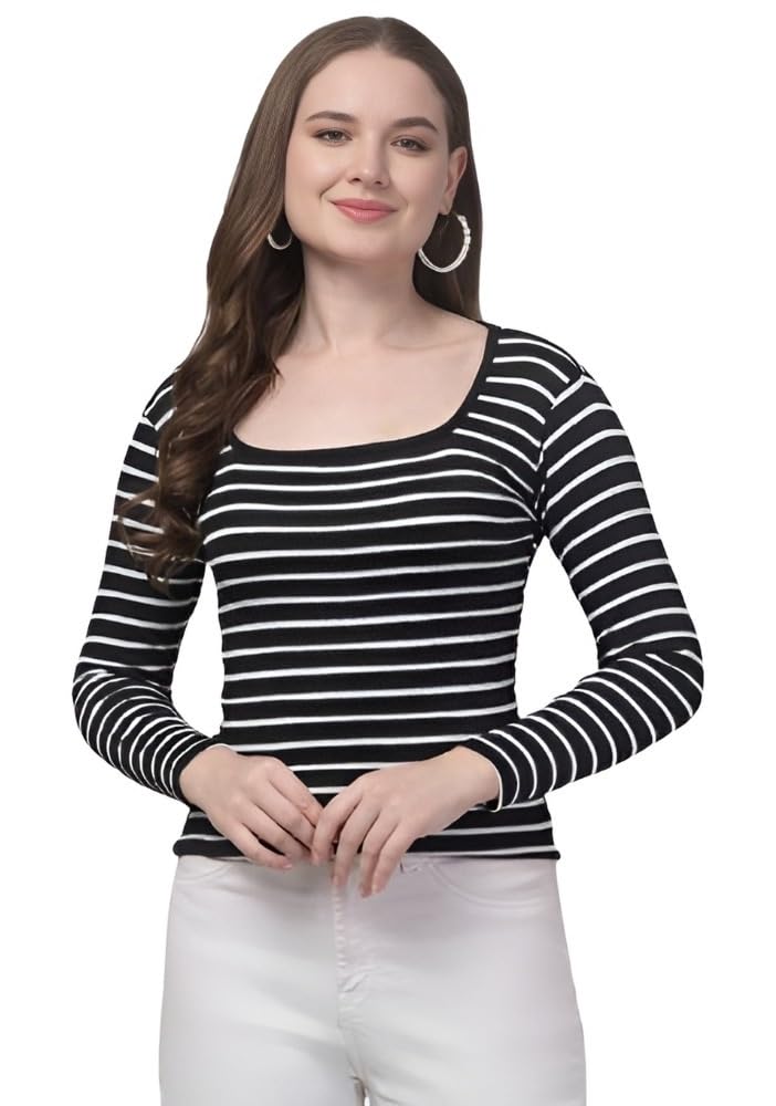 fashion passion india Women's Long Sleeve Square Neck Stripe Top | Women’s Solid Ribbed Long Sleeve Stretchable Square Neck Top/T-Shirt for Casual-picture-10
