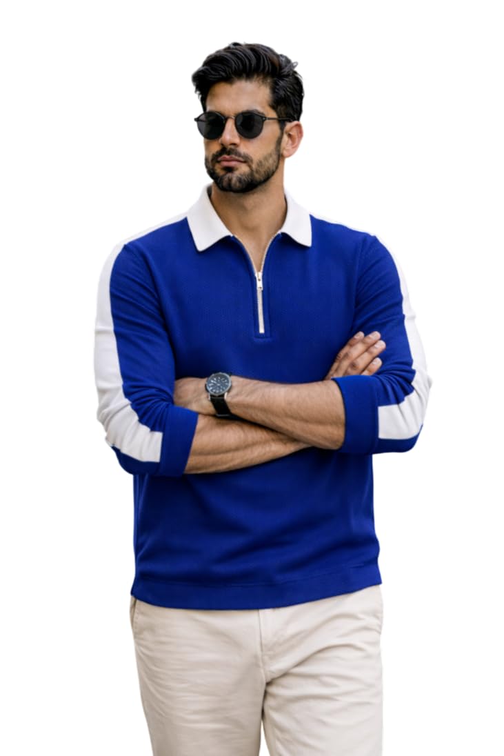 Dagcros Mens Polo T-Shirt with White Contrast Collar | Short Sleeve Zipper Neck Casual Top | Smart Casual T-Shirt for Man (in, Alpha, S, Regular, Black)-picture-22