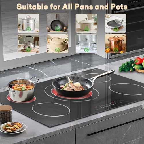 Image of Electric Cooktop 34.25 Inch(Cut-out Size: 34.25 inchx19.3 inch) - 9200W 36 Inch High Power 5 Burners Electric Stovetop, Built-in Ceramic Burner, Safety Lock, Expandable Ring, 240V Hard Wired (No Plug)