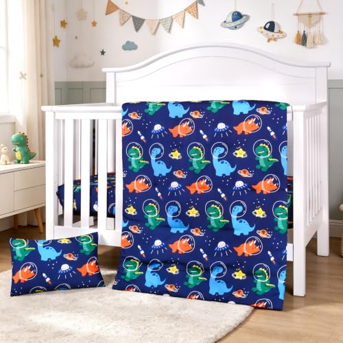 Image of JISEN 3 Piece Crib Bedding Set for Baby Boys Girls Space Dinosaurs Blue | Soft Breathable Microfiber, Crib Comforter Set with Comforter, Sheet, Pillowcase, Standard Size, Baby Nursery, Shower Gift