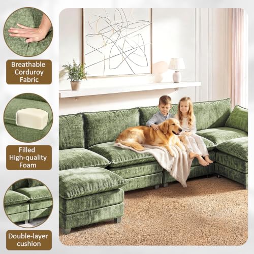 Image of LEVELEVE 146 inch U-Shape Modular Sofa with 2 Ottomans, Deep Seat Cloud Convertible Sleeper, 2 Arm Pillows, Comfortable Large Upholstered Furniture for Living Room Apartment, Green