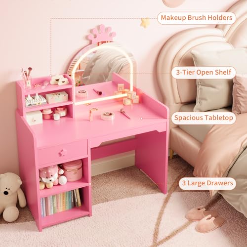 Garvee Kids Vanity with Lights, 2 in 1 Princess Makeup Vanity Desk Toddler Vanity Table & Chair Set with Open Bookshelf, Storage Cabinet & Shelves for Little Girls,Pink