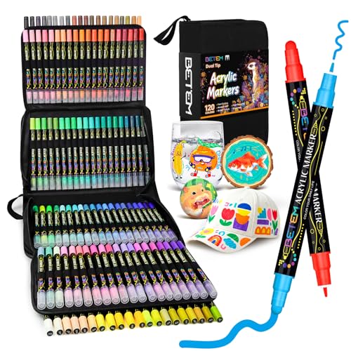 Betem 120 Colors Dual Tip Acrylic Paint Markers Fabric Decorating Kits Premium Water-Based Acrylic Paint Pens Art Supplies for Fabric Rock Wood Glass Canvas Ceramic Teacher Appreciation Gift