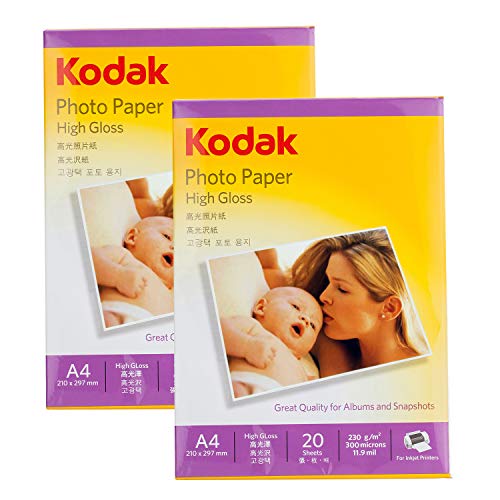 Image of Kodak 230 GSM A4 Glossy Photo Paper - Water Resistant, Pack of 2 x 20 sheets, Compatible with all Inkjet Printers