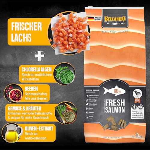 BELCANDO MASTERCRAFT Hundefutter trocken Fresh Salmon, 10kg, Trockenfutter für Hunde mit Lachs, 80% Frischfleisch, getreidefrei, für alle Rassen, Made in Germany