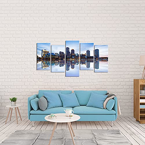 Canvbay 5 Pieces Boston City Skyline Canvas Art Wall Decor Panoramic Charles River Skyscrapers At Dusk Picture Prints Cityscape Paintings On Canvas Modern Artwork Home Decor For Living Room Framed Ready To Hang #TOP3