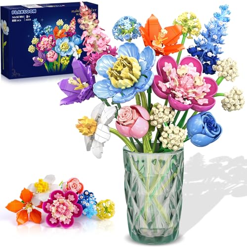 PLAXSOON Jeu De Construction de Bouquets de Fleurs, Collection de blocs de construction Botanical, Fleurs Rose Décoration d'intérieur, Saint-Valentin...