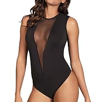 Body Damen mit Tiefer V-Ausschnitt und Netzstoff, Sexy Dessous Bodysuit ganz in Schwarz Spitze Elegant Dehnbar Bodies Festival Sommer Blusenbody vier Jahreszeiten Slim Lässig Oberteil Ohne Ärmel