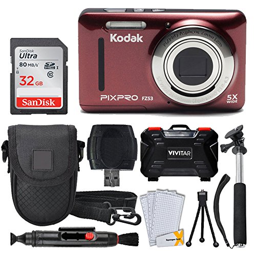 Kodak PIXPRO FZ53 16.15MP Digital Camera (Red) + 32GB Memory Card + Point