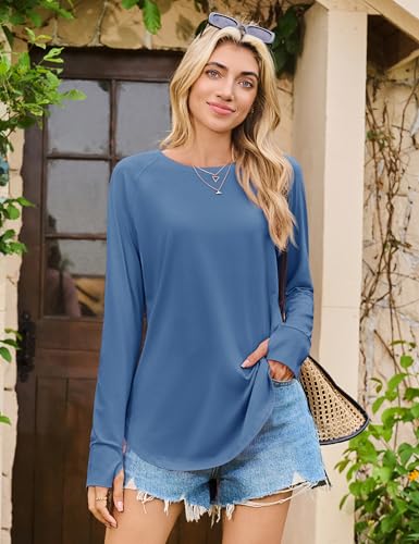 YUCOLEN Womens Long Sleeve Thumb Hole Shirts Long Tunic Tops for Leggings Basic Loose Tees with Crew Neck Curved Hem2