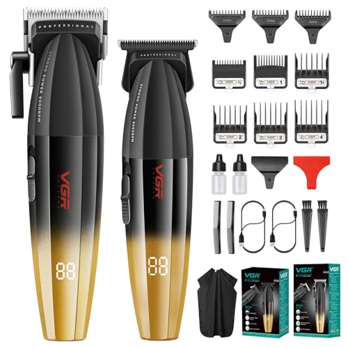 VGR Professional Hair Clipper and Trimmer Set for Men, Barber Clipper and Zero Gap T-Blade Trimmer Kit, Cordless USB Rechargeable Hair Cutting Kit with 9 Guide Combs, Ceramic Blade, LED Display