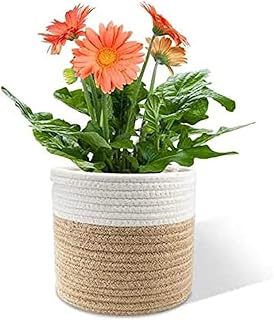 KEITE Cestino in corda di cotone intrecciata, Cesta Portabiancheria Portaoggetti, Cestino Multifunzionale per Piante in Corda with Handles Decor, per Domestica Stoccaggi (Bianco & marrone, 30 x 30 CM)