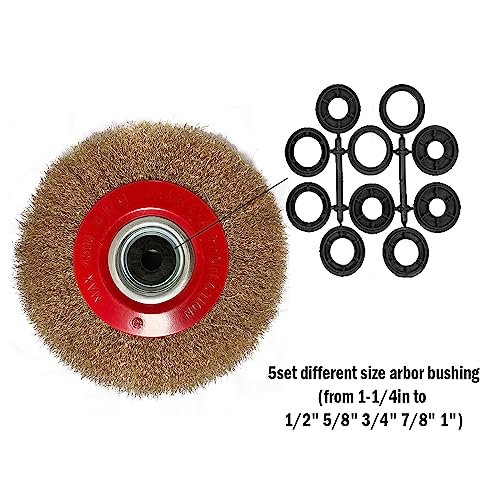 Image of 8in Bench Wire Wheel Brush | Coarse Crimped Steel Wire 0.012 inch with 1 /2 inch 5 /8 inch 3 /4 inch 7 /8 inch 1 inch Arbors for Bench Grinder Brass Coated Steel- 2pcs