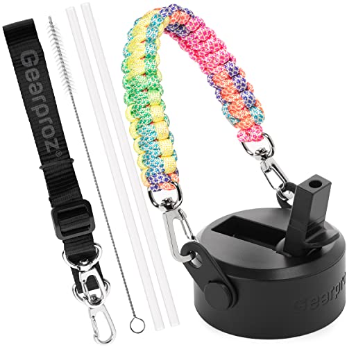 Gearproz ハンドル対応 ハイドロフラスコ タケヤ サーモフラスクボトル 広口ストロー蓋 パラコードストラップ(レインボー)