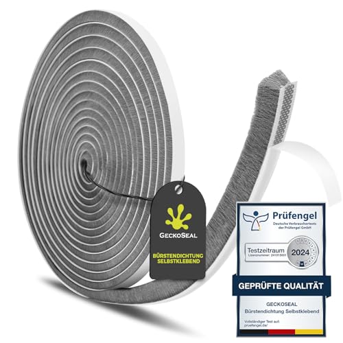 GeckoSeal 6m Bürstendichtung Selbstklebend 9mm(B) x 9mm(D) Bürstendichtungen für Fenster Schiebetür Bürstendichtung Rolladen für Kleiderschränk Türbürstendichtung für Insektenschutz - Grau