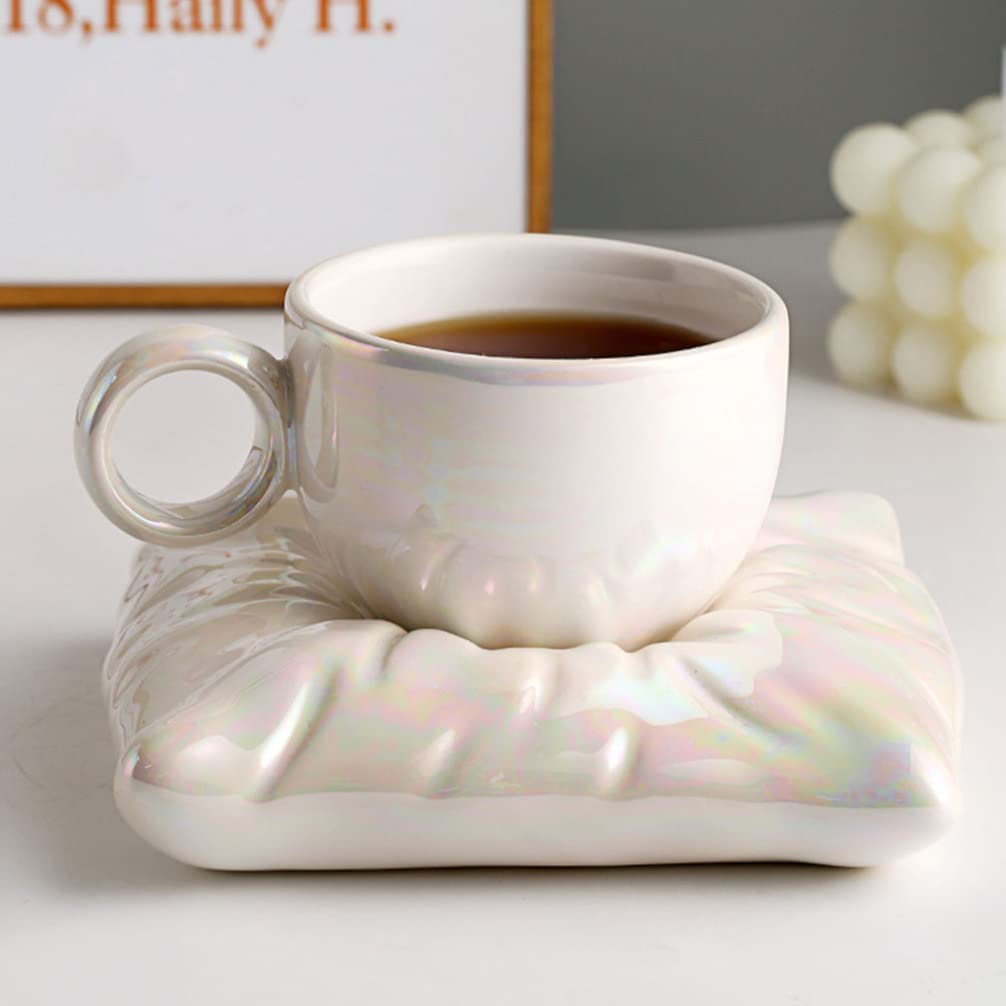 Kichvoe Taza de Café de Cerámica Color Perla 200ml con Forma de Almohada