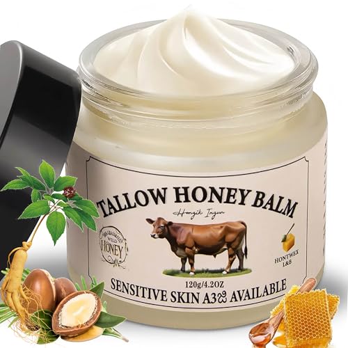 Beef Tallow for Skin, Tallow and Honey Balm Tallow Face Moisturizer with Ginseng Extract, Pure Beef Tallow Balm Blend of Vitamins Grass Fed Beef Tallow Hydrates and Nourishes the Skin