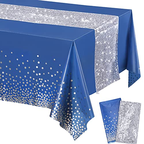 Image of Irenare 2 Pcs Blue and Silver Tablecloth and Sequin Table Runner Set Polka Dots Confetti Table Cover Dining Plastic Tablecloths Glitter Decorations for Birthday Wedding Anniversary Party Supplies