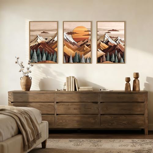 Image of KAIRNE Woodcut Style Mountain Framed Canvas Wall Art Set,Wooden Pine Tree Wall Decor,Vintage Forest Landscape Art Prints,Nature Sunrise Artwork for Living Room,Bedroom,Farmhouse,Office-24 x36 x3