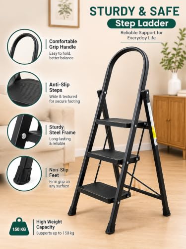 Image of KITCHIVO 3 Step Foldable Ladder with Safety Handrail, Wide Anti-Slip Steps & Non-Slip Feet, Heavy Duty Steel Step Ladder for Home, Kitchen & Office