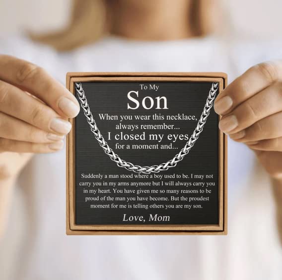 Image of JoycuFF Mens Spiga Wheat Link Chain Necklace for Son from Dad Mom Stainless Steel 5MM 22 Inches Hip Hop Birthday Granduation Jewelry for Men