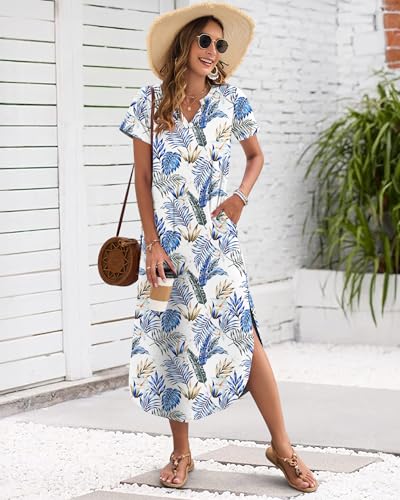 Image of MISFAY Women's Summer Maxi Dress 2026 Casual Short Sleeves V Neck Loose Sundress Split Long Beach T Shirt Dress
