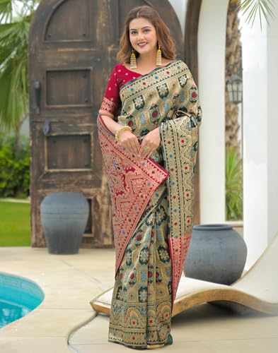 Image of SIRIL Women's Banarasi Weaving Soft Silk Saree With Unstitched Blouse Piece(4791S141 Green)