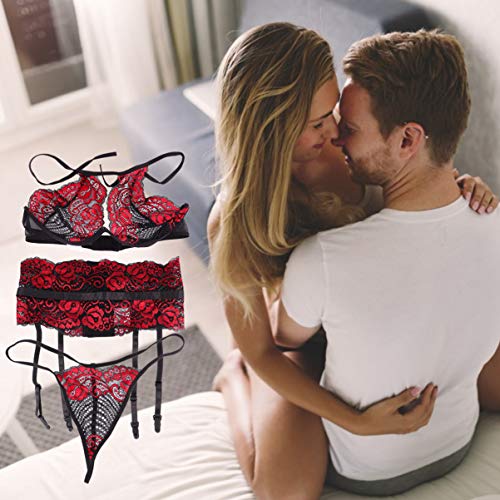 ARTIBETTER 3 Peças Femininas Halter Lingerie Sutiã Sexy Calcinha G Cordão Cinta-Liga de Renda Bodysu