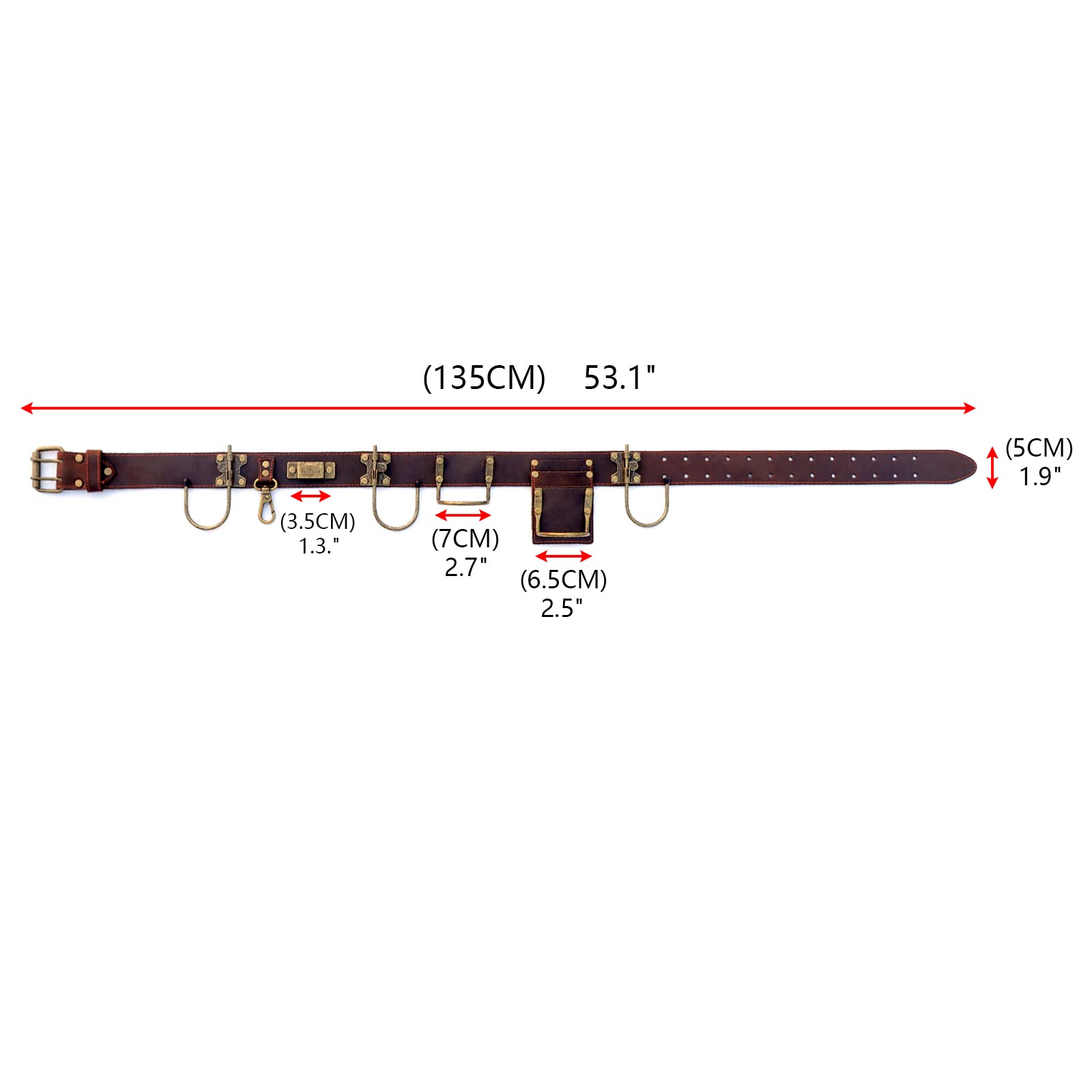 Tourbon Ceinture à outils réglable en cuir véritable pour marteau, hachette, mètre ruban, perceuse pour charpentiers en plein air Dark Brown 135x5cm